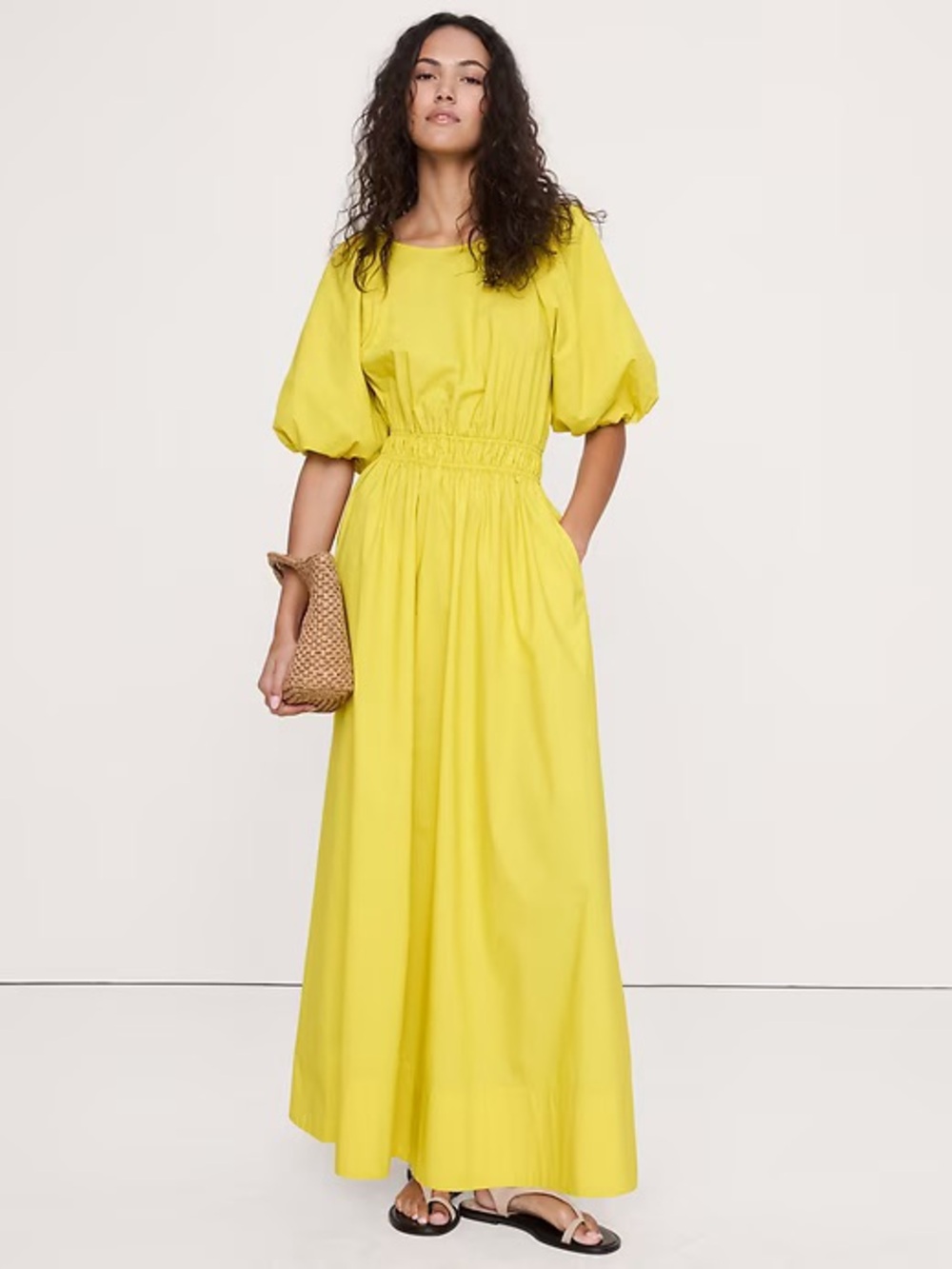 Banana Republic Yellow Cotton Poplin Puff-Sleeve Maxi Dress